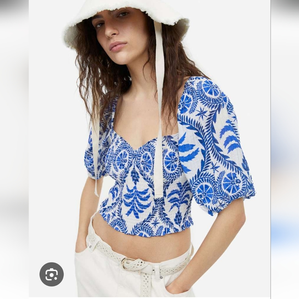 Smoked Floral Blue Top Crop Puff Sleeves Y2K Fitted Back-Tie Bohemian Preppy XS